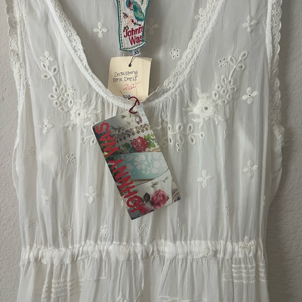 Johnny Was White Eyelet Drawstring Tank Dress with Floral Tag - Picture 3 of 5